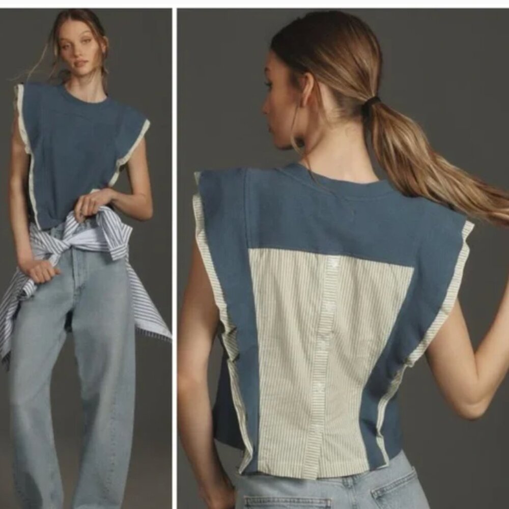 Blue Contrast-Back Sleeveless Top